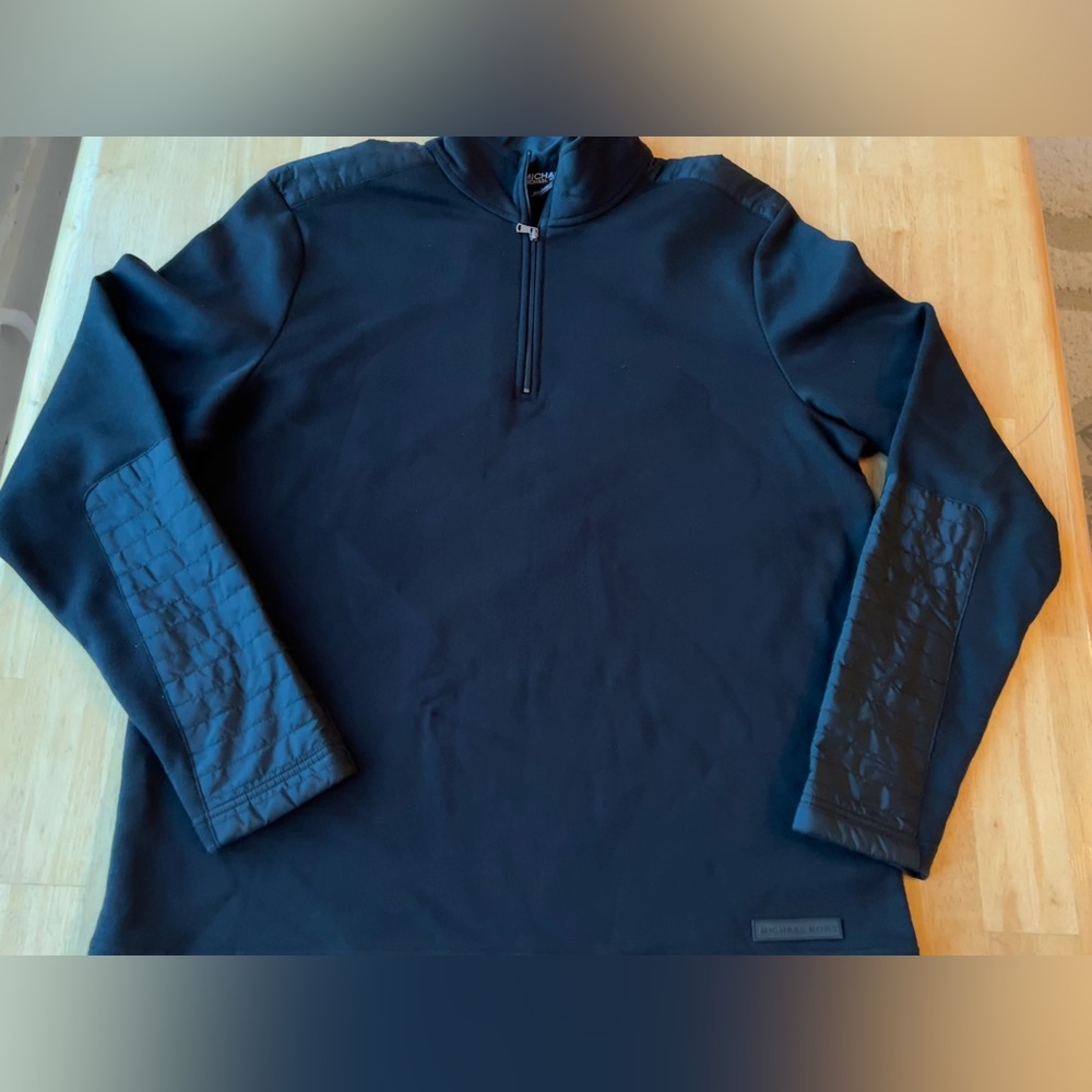 MICHAEL KORS Mens L Black 1/4 quarter Zip Jacket pullover Shoulder Arm Patches